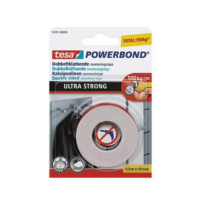 Cinta adhesiva doble cara powerbond ultrastrong tesa 1,5 m x 19 mm - Cinta doble cara