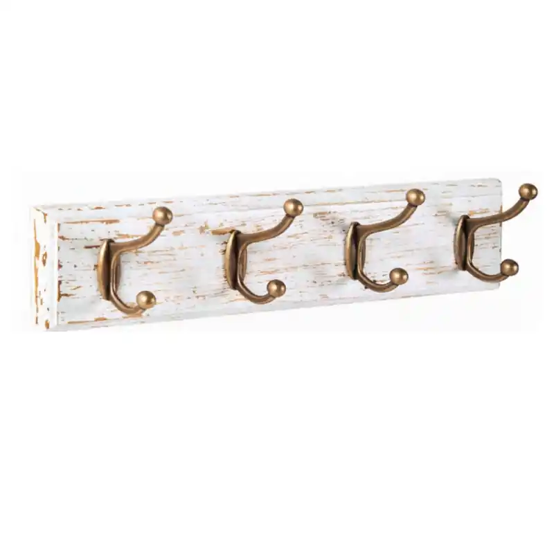 Percha pared nesu 4 ganchos bronce madera blanco decapado 9cm - Percheros de pared