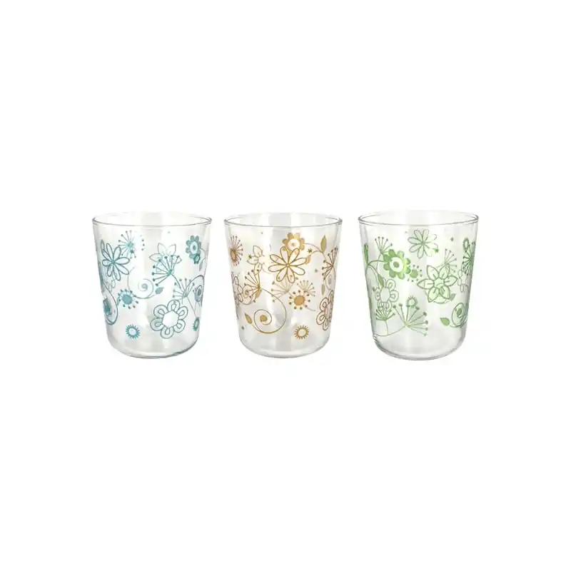 Vaso decorado pack 3 uds 31,5cl flores azul - Menaje de cocina y hogar