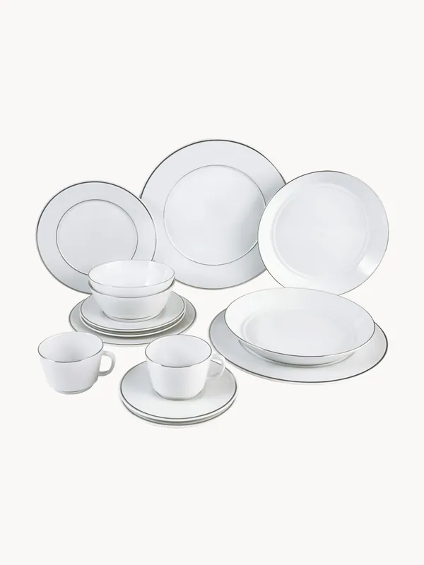 Vajilla de porcelana artesanal Vitruv con borde de platino pintado a mano, 2 comensales, set de 14 - Meissen