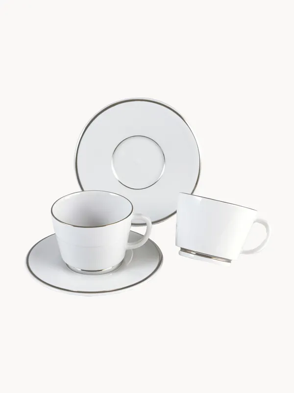 Tazas con platitos de porcelana con borde platino pintado a mano Vitruv, set de 2 - Meissen