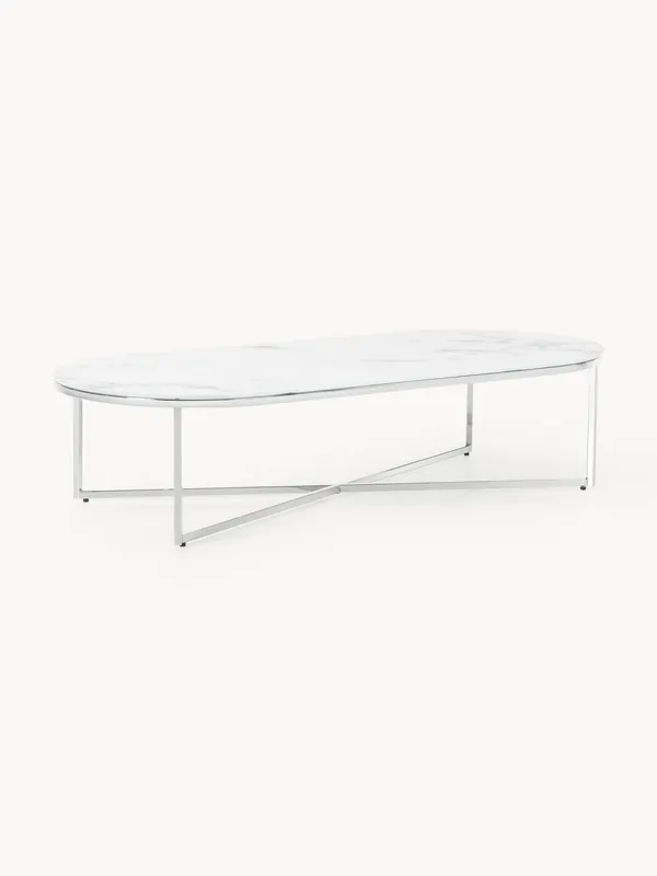 Mesa de centro ovalada con tablero de vidrio en look mármol Antigua - Westwing Collection