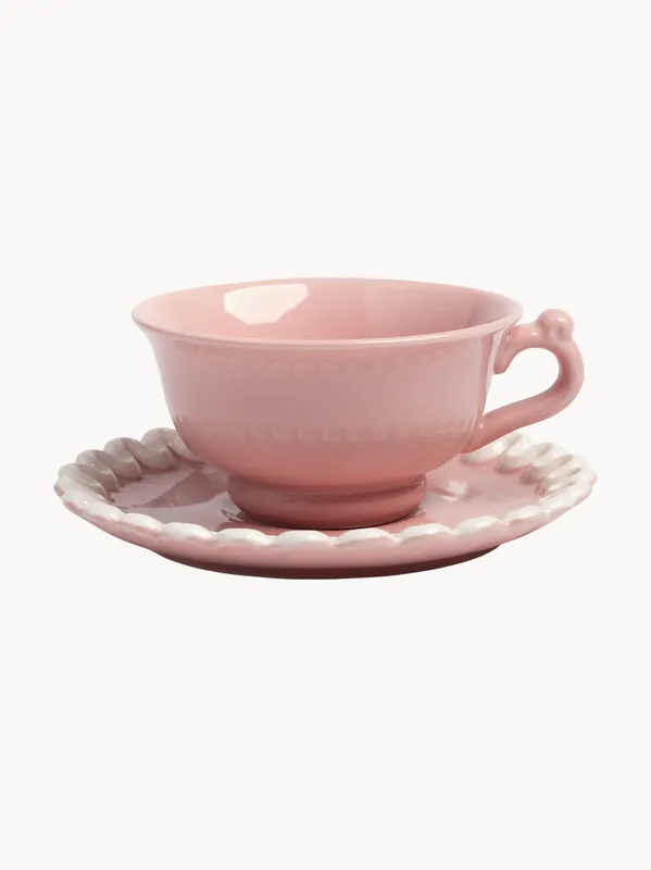 Taza de té con plato artesanal Whip, set de 2 - &klevering