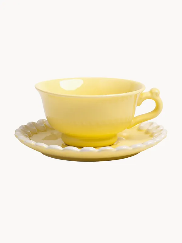 Taza de té con plato artesanal Whip, set de 2 - &klevering