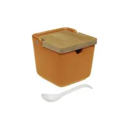 Azucarero ceramica tapa bambu + cuchara naranja-8,8x8,8x8,5cm versa