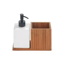 Dosificador jabon mera + portacepillo bambu, ceramicamica blanco wenko