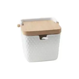 Azucarero porcelana grabada tapa bambu + cuchara blanco rombos d'casa