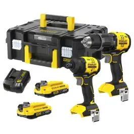 Taladro percutor brushless 60nm + atornillador impacto 170nm 2baterias v20 2ah + cargador stanley