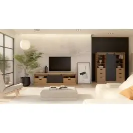 Composición de Salón con LED en Roble Waterford y Negro Nordic - Estancias