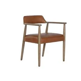 Silla con Brazos en Piel Marrón y Teca Decapé Blanco MB-221644