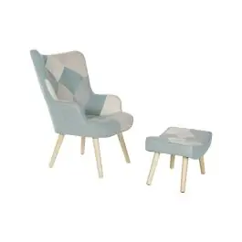 Sillón Orejero Tapizado Multicolor con Reposapiés Madera Hevea MB-207731