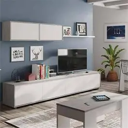Conjunto para salón cemento y blanco Artik, 1 mueble de TV, 1 módulo superior y 1 estante 016663L - Estancias