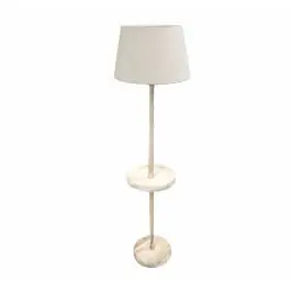 Lámpara de Pie de Madera Natural con Bandeja Redonda y Pantalla de Tela Blanca 51-215