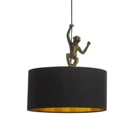 Lámpara de Techo con una Figura de Mono de Resina Color Dorado y Pantalla de Tela Negra 55-467