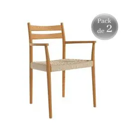 Juego de dos sillas con Asiento de Cuerda Natural y Estructura de Madera Roble Natural con brazos BRISA CG1920RC