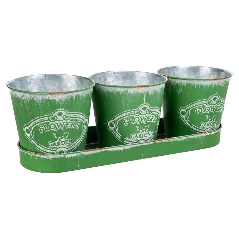 3 Cubos de metal y Bandeja verdes - Jardín