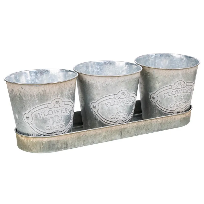 3 Cubos de metal y Bandeja blancos - Jardín