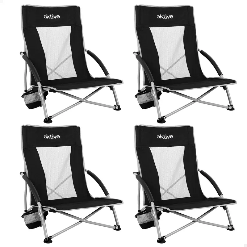 Aktive Pack 4 sillas plegables camping bajas 50x51x67 cm negras con posavasos - Jardín