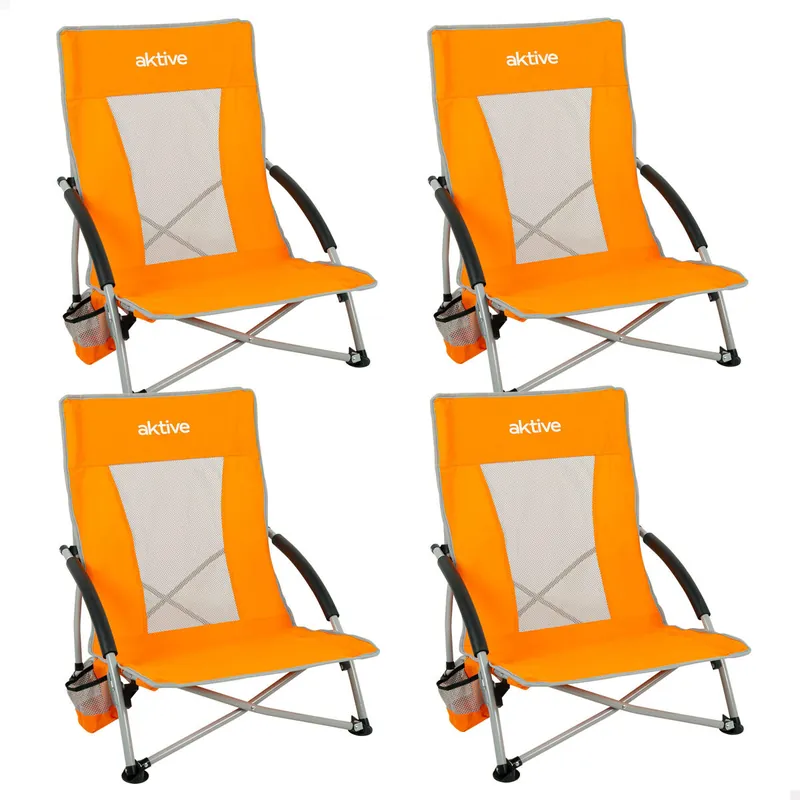 Aktive Pack 4 sillas plegables playa bajas 50x51x67 cm naranja con posavasos - Jardín