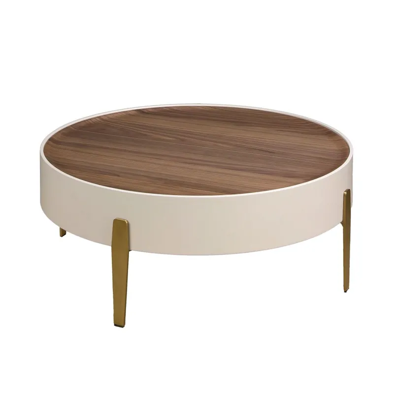 ANGEL CERDA Mesa centro redonda nogal, madera beige y acero pulido dorado - Muebles