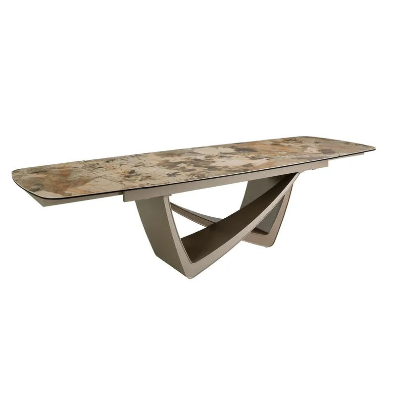 ANGEL CERDA Mesa comedor extensible ovalada barril mármol porcelánico y acero taupé metalizado - Muebles