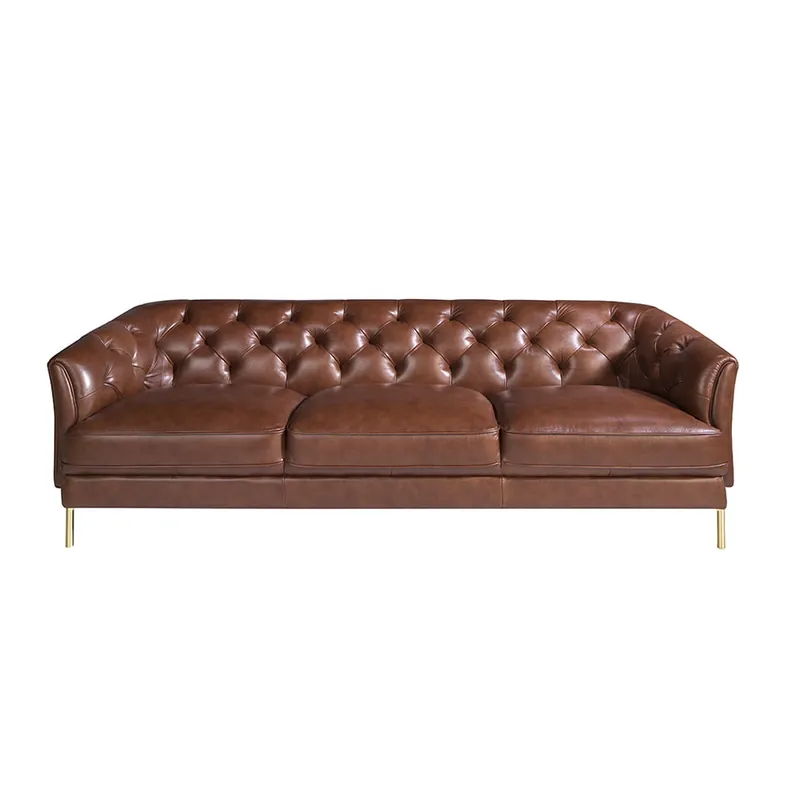 ANGEL CERDA Sofá 3 plazas piel marrón y acero dorado - Sofás sillones puffs