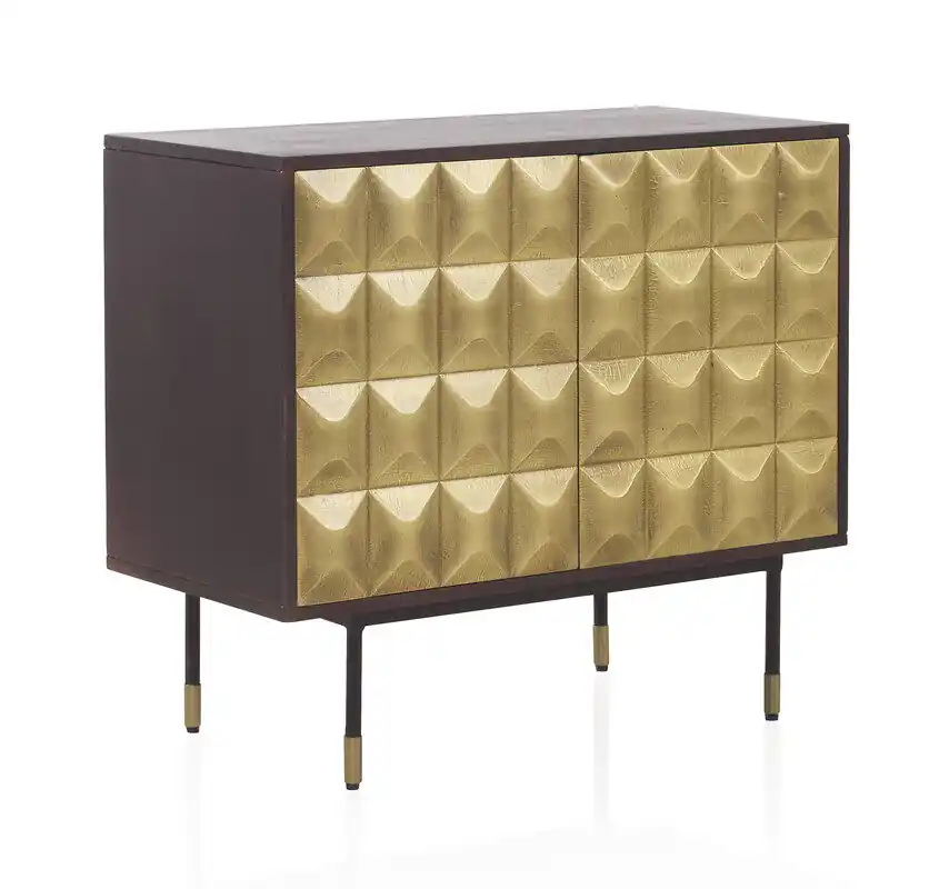 Aparador 2 Puertas Frente Metal Dorado Madera Maciza De Mango Con Patas De Metal Negro Y Dorado - Muebles