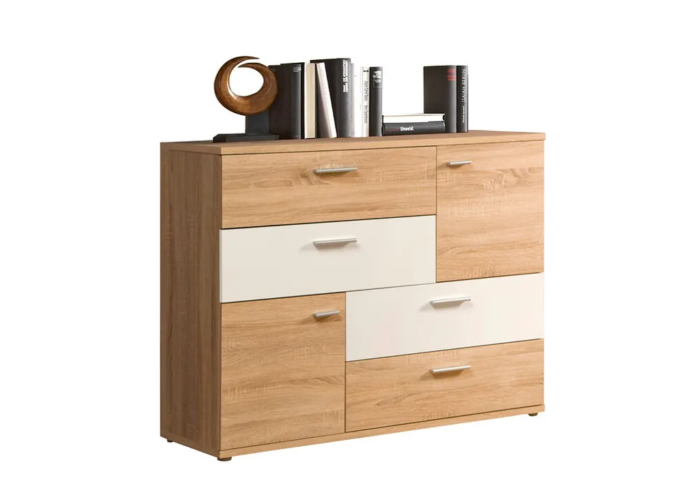 Aparador 2 puertas 4 cajones SKIVE blanco y madera - Muebles