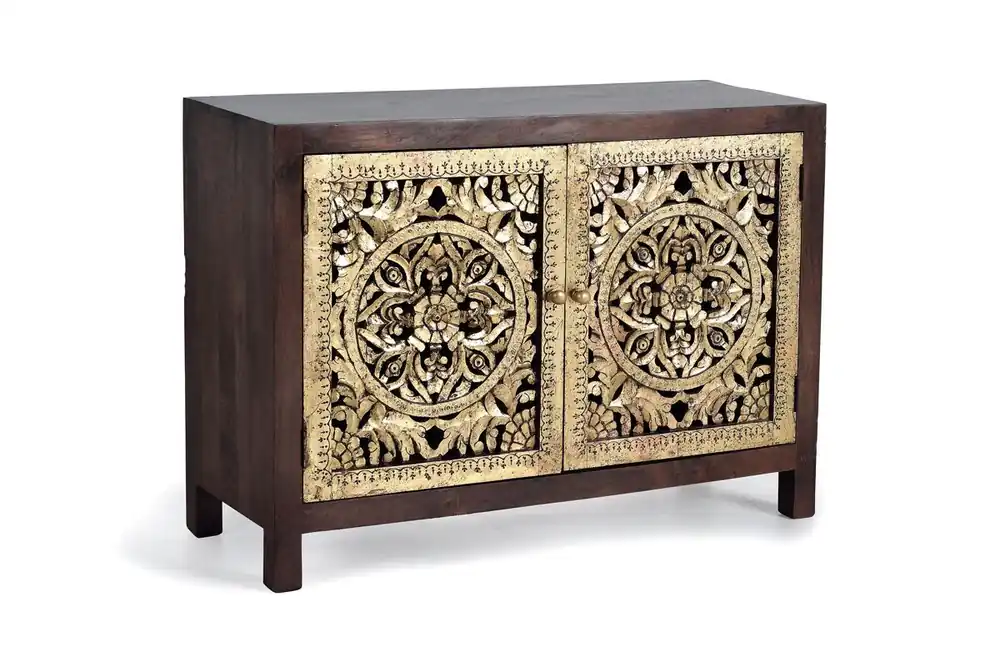 Aparador 2 puertas en madera de mango con detalles a mano en bronce. Marrón/Dorado 80x40x110 cm - Giner y Colomer