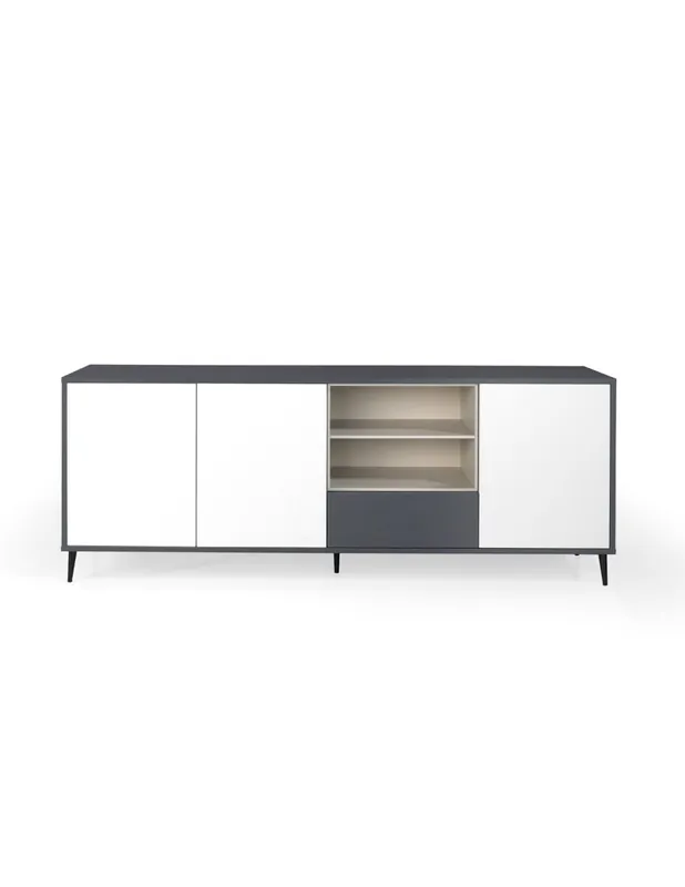 Aparador 3 puertas LEA acabado en antracita, blanco polar y visón. Patas metálicas negras. 200x45x75 - Muebles