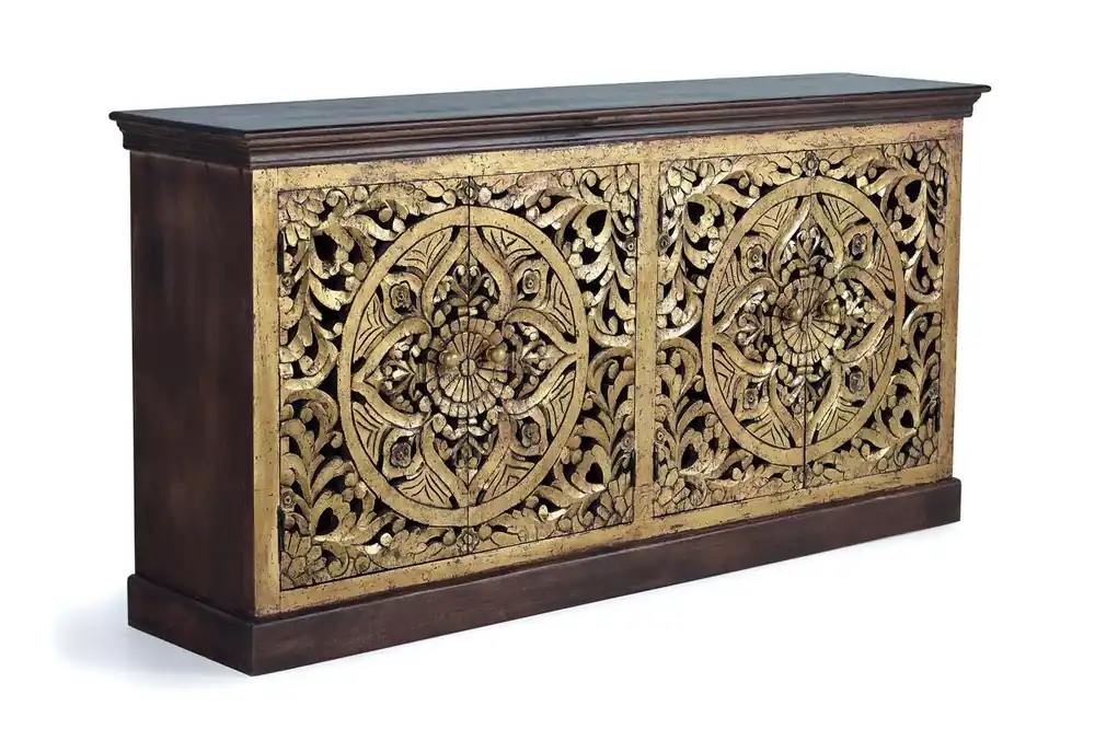 Aparador 4 puertas de madera de mango talladas a mano, marrón/dorado 90x40x180 cm - Giner y Colomer