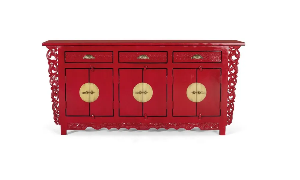 Aparador 6 puertas y 3 cajones fabricado en madera de mango, color Rojo 84x40x180 cm - Muebles