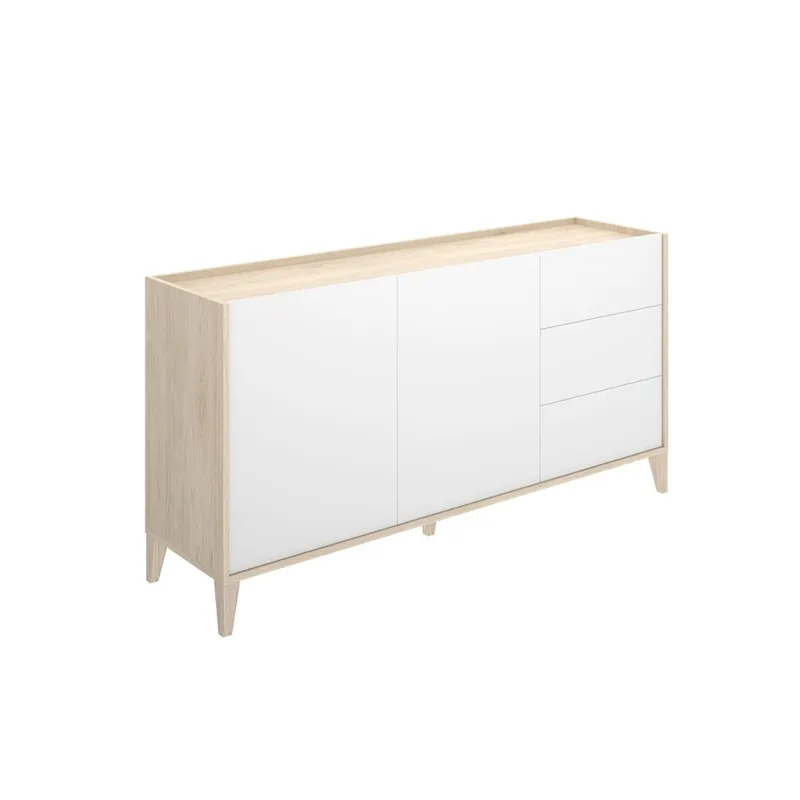 Aparador 2 puertas 3 cajones Bari - Blanco/Roble Natural - Ancho 150 cm - Homekit