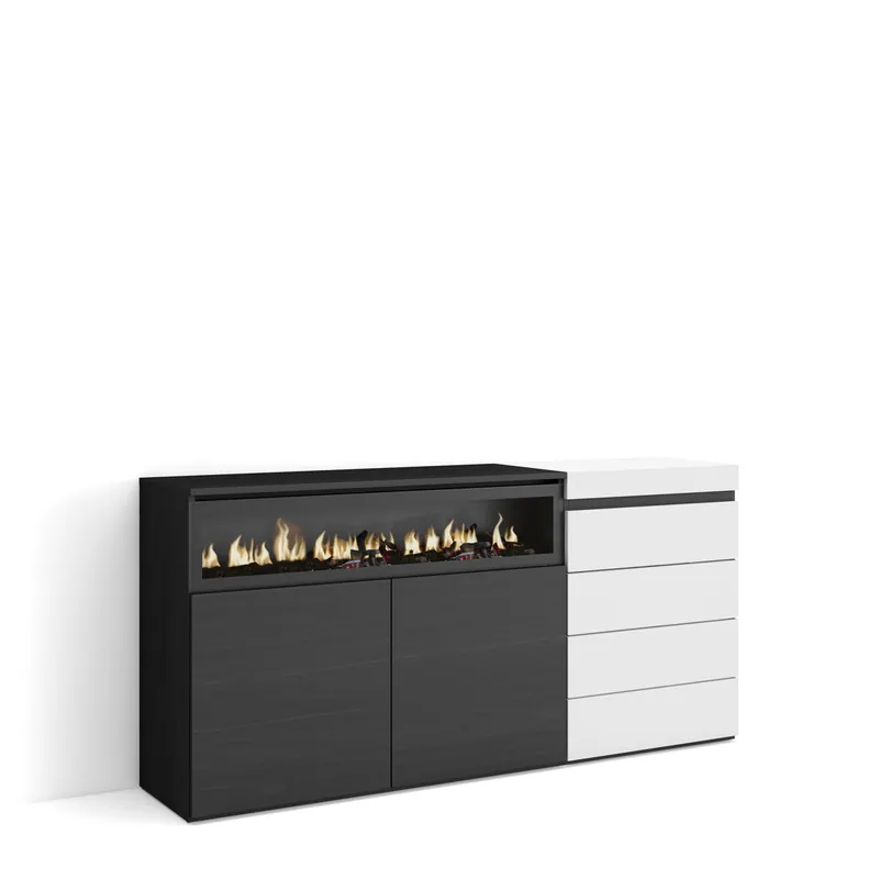 Aparador | Con almacenamiento | 157x75x35 cm | Dormitorio, habitación | Chimenea eléctrica | Cómoda, Cajonera | Estilo Moderno | Blanco - Muebles