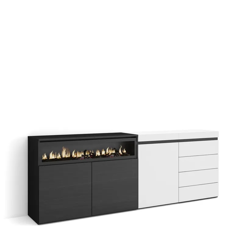 Aparador | Con almacenamiento | 207x75x35 cm | Dormitorio, habitación | Chimenea eléctrica | Cómoda, Cajonera | Estilo Moderno | Blanco - Muebles