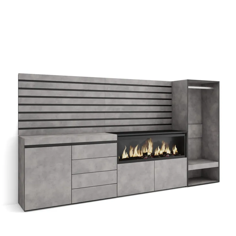 Aparador | Con almacenamiento | 274x145x35 cm | Dormitorio, habitación | Chimenea eléctrica XXL | Cómoda, Cajonera | Vestidor abierto | Estilo Moderno | Blanco - Muebles