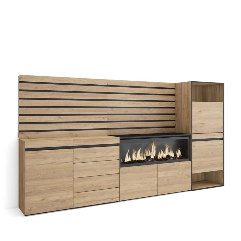 Aparador | Con almacenamiento | 274x145x35 cm | Dormitorio, habitación | Chimenea eléctrica XXL | Cómoda, Cajonera | Zapatero | Estilo Moderno | Blanco - Muebles