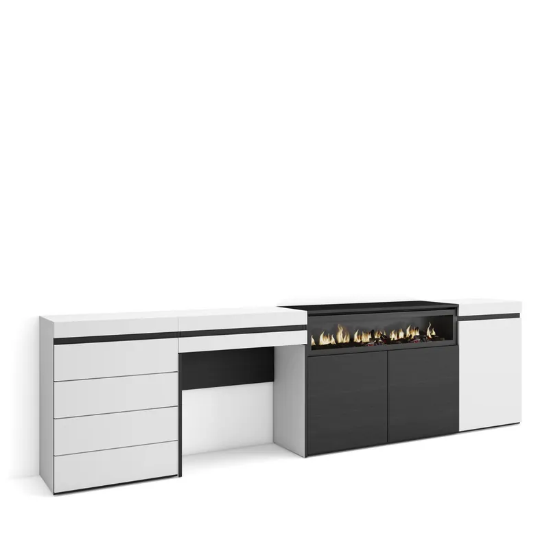 Aparador | Con almacenamiento | 277x75x35 cm | Dormitorio, habitación | Chimenea eléctrica | Cómoda, Cajonera | Tocador | Estilo Moderno | Blanco - Muebles