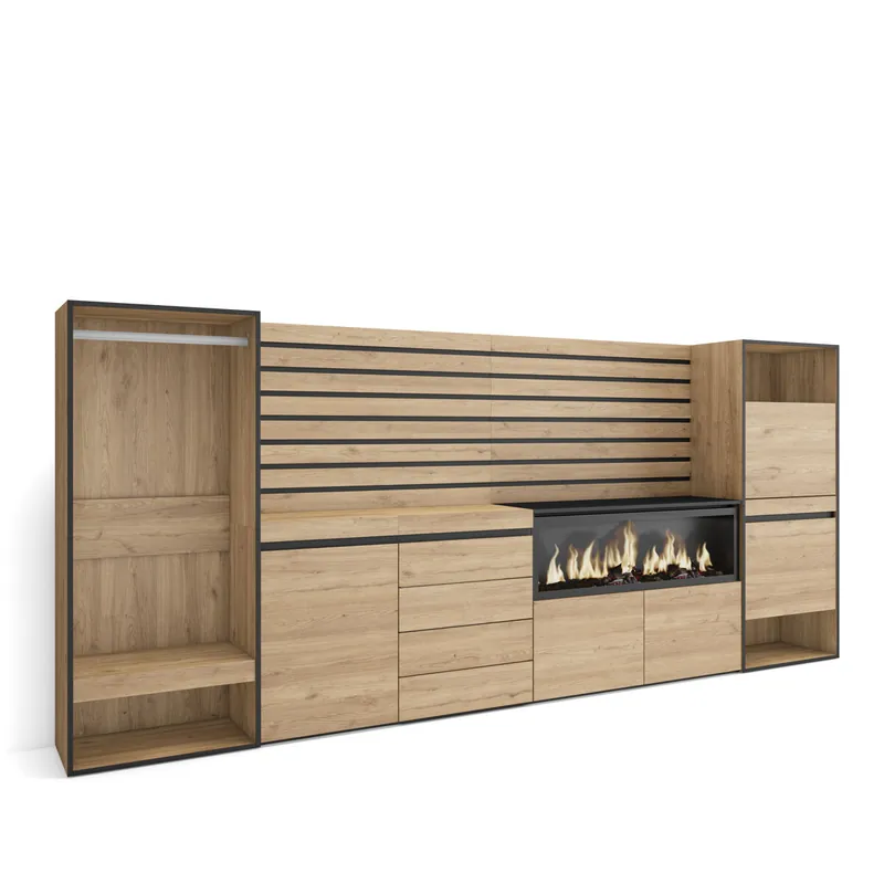 Aparador | Con almacenamiento | 334x145x35 cm | Dormitorio, habitación | Chimenea eléctrica XXL | Cómoda, Cajonera | Zapatero | Vestidor abierto | Estilo Moderno | Blanco - Muebles