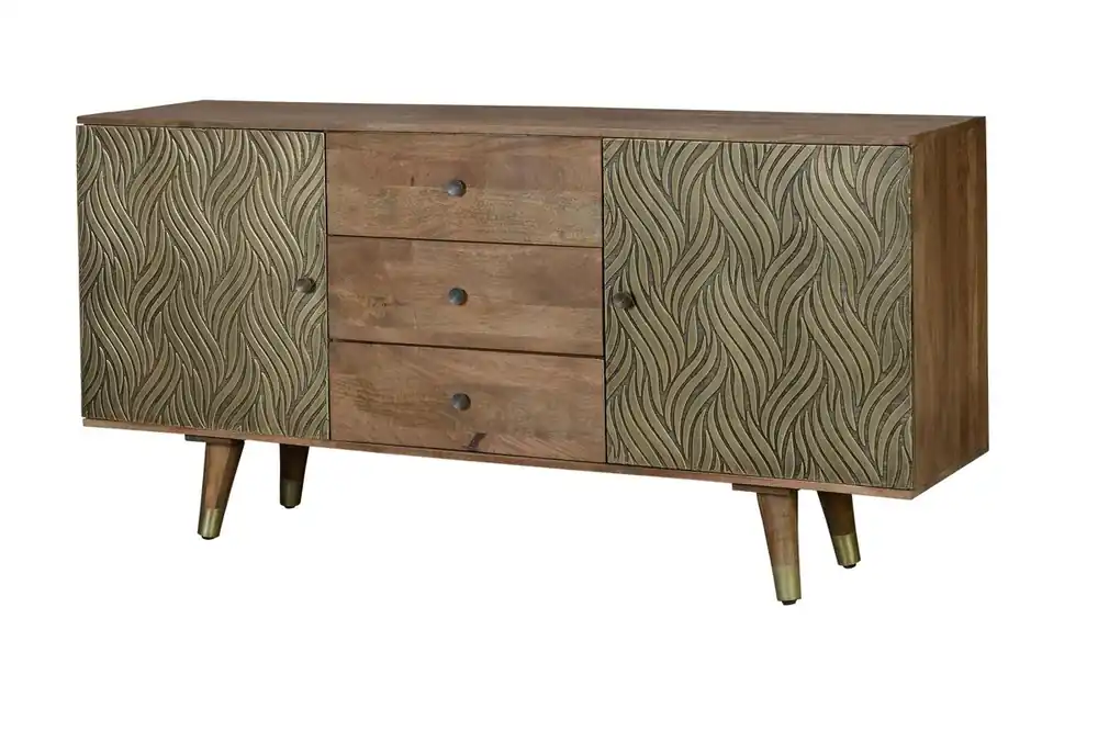 Aparador 3 cajones y 2 puertas fabricado en madera de mango. Color Marrón/Dorado de 78x40x160 cm - Muebles