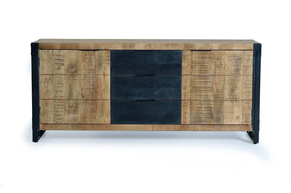 Aparador 2 puertas y 3 cajones de estilo industrial en madera de mango y metal. Color Natural/Negro de 80x45x180 - Giner y Colomer