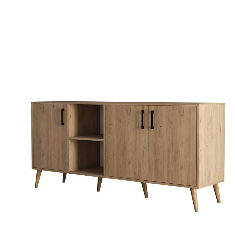 Aparador 3 puertas y 2 nichos abiertos decorado en madera de roble L180 cm - EXXEN