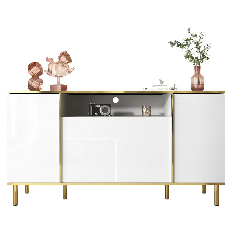 Aparador 150x40x80 cm - Comoda brillante con 1 cajón - Blanco