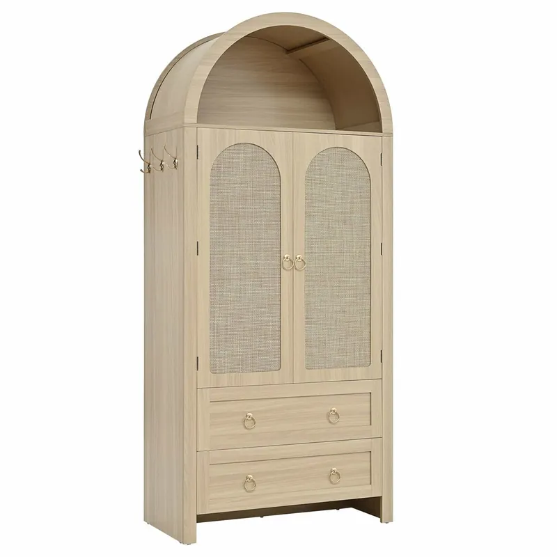 Aparador - estilo arco con ratán trenzado, doble cajón - Nogal