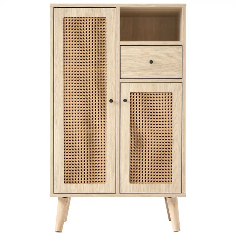Aparador alto - 2 puertas de ratán y 1 cajón - estilo rústico - Natural