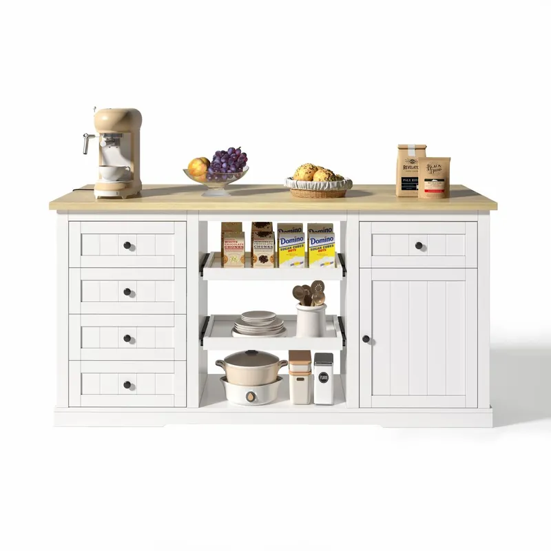 Aparador 150×65×75 cm - 5 cajones, 2 estantes, extensión y enchufes - Natural y Blanco