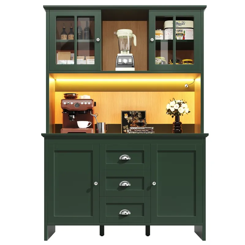 Aparador 120x40x179 cm - Armario alto con puertas de vidrio marrón y LED - Verde