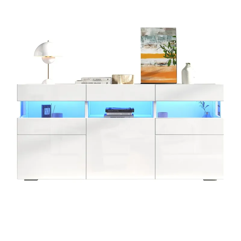 Aparador 140x40,5x66,5 cm - 3 puertas, con LED, 7 estantes, blanco