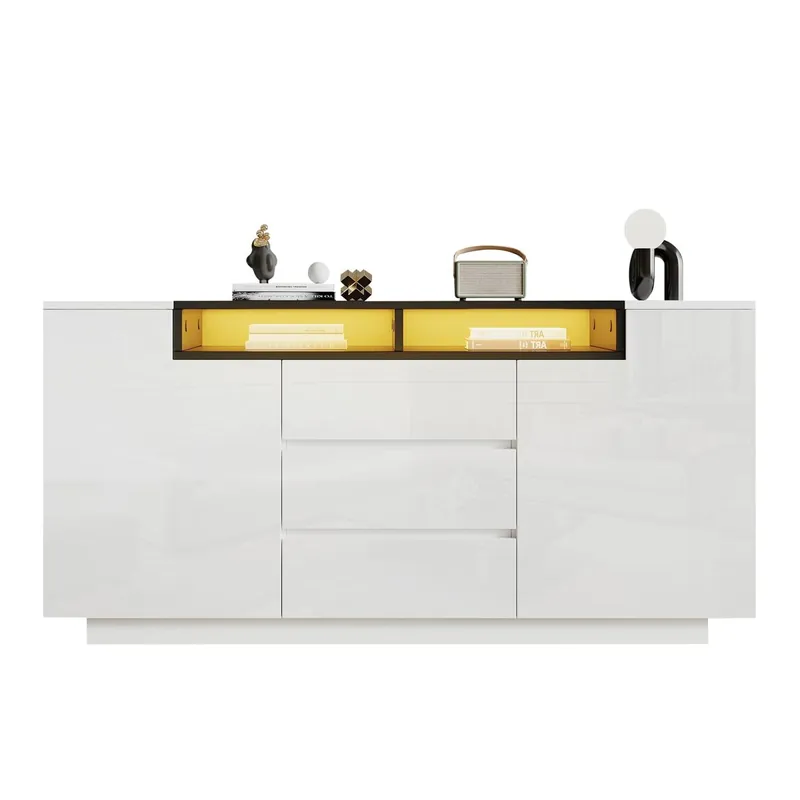 Aparador 140x40x68 cm - Con 2 puertas L, 3 cajones, separadores ajustables y luces LED - Blanco