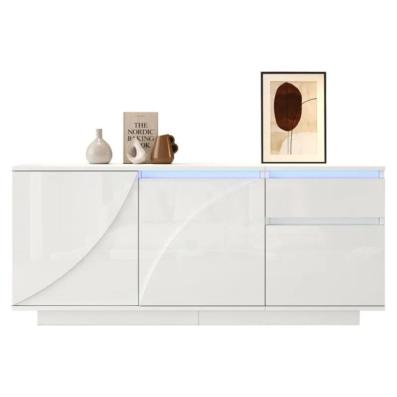 Aparador 140x40x60 cm - 3 puertas, 1 cajón, con LED y estantes ajustables - Blanco